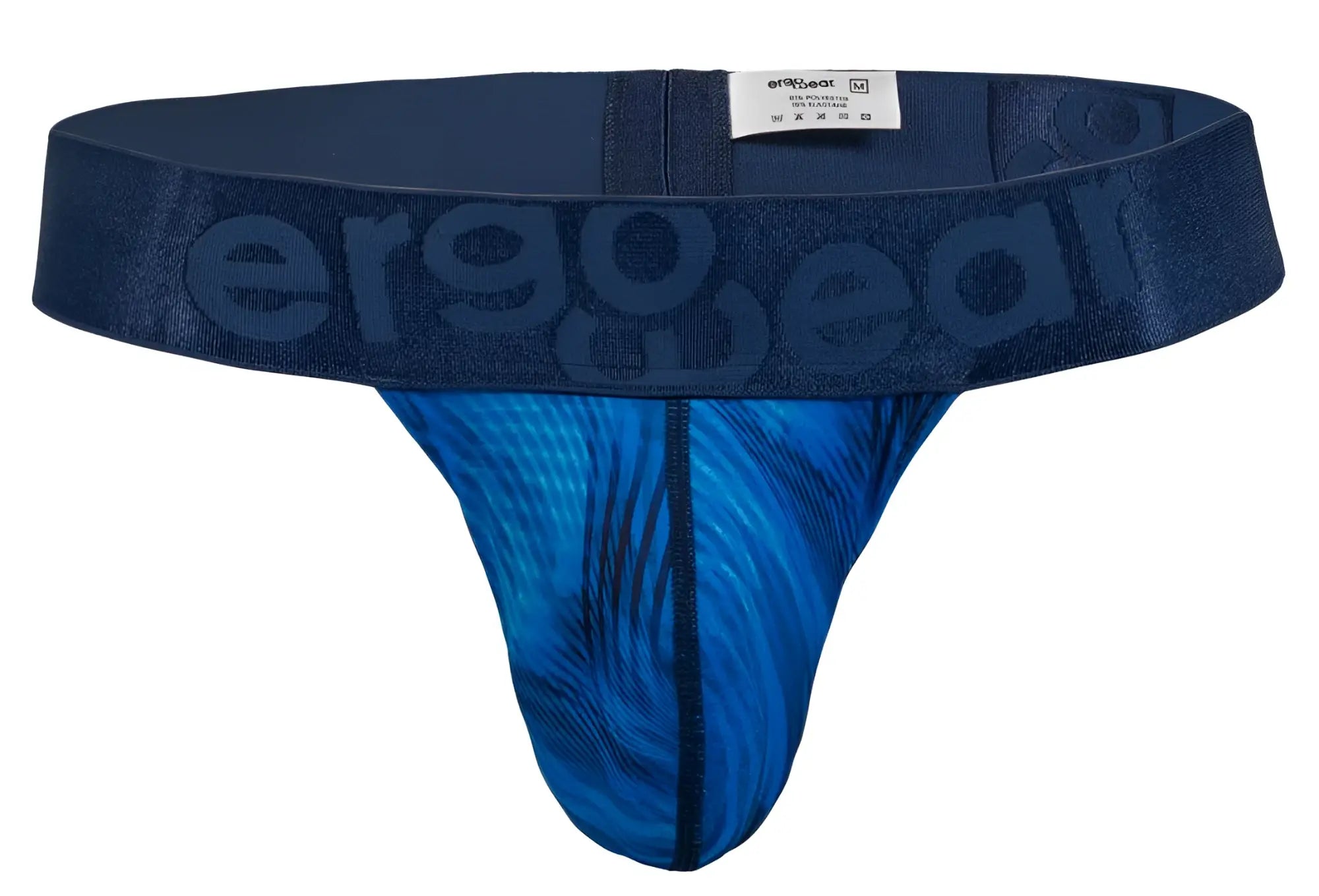 Navy blue ergonomic g-string with vibrant blue feather pattern and ergogear embossed waistband in mid blue color