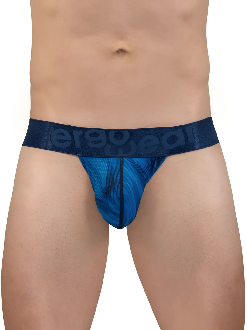 Blue patterned men’s briefs with dark blue ergo wear logo waistband in mid blue color for bold comfort wear
