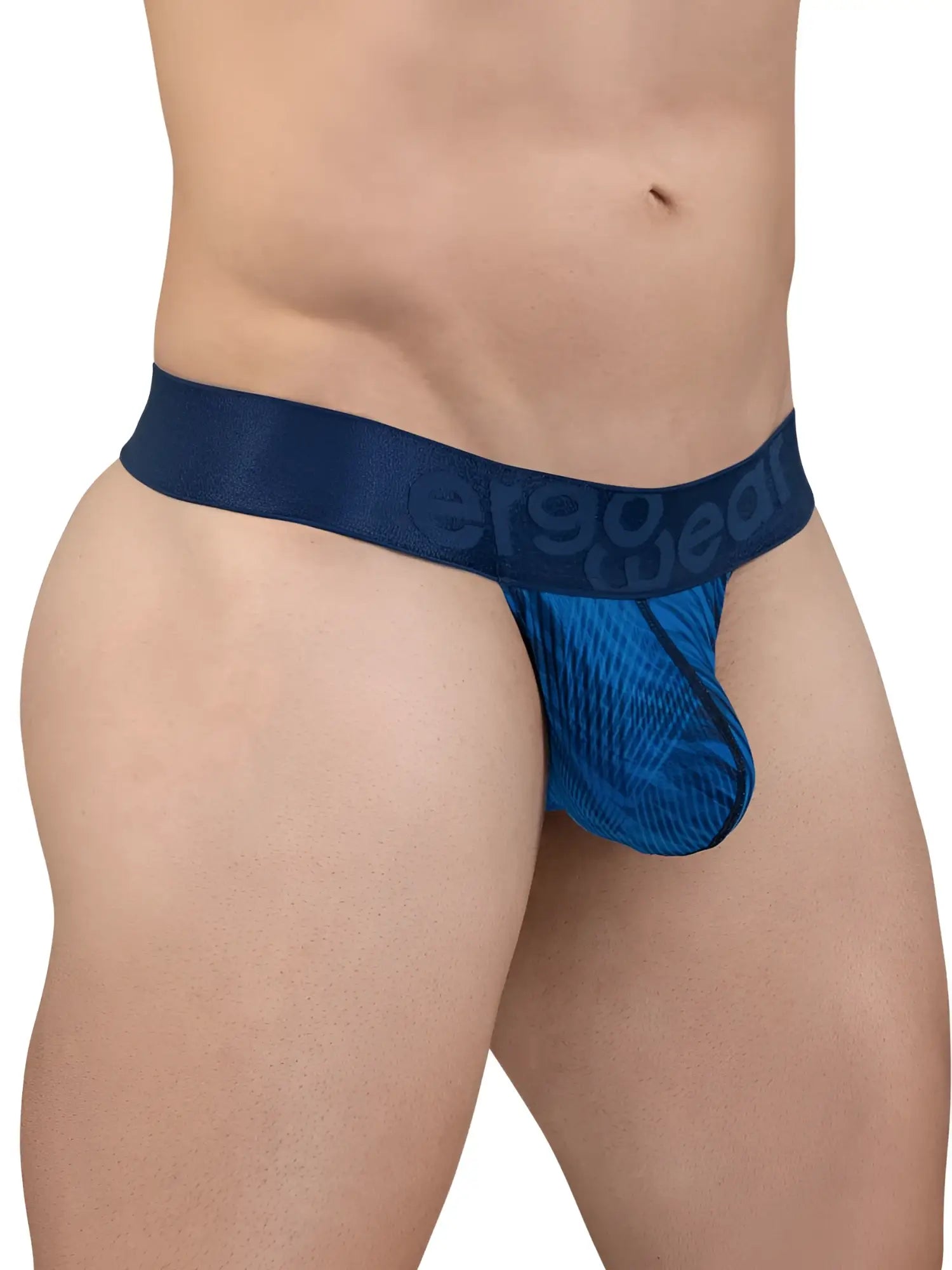 Blue patterned men’s briefs with solid navy waistband featuring the er90wear logo in mid blue color