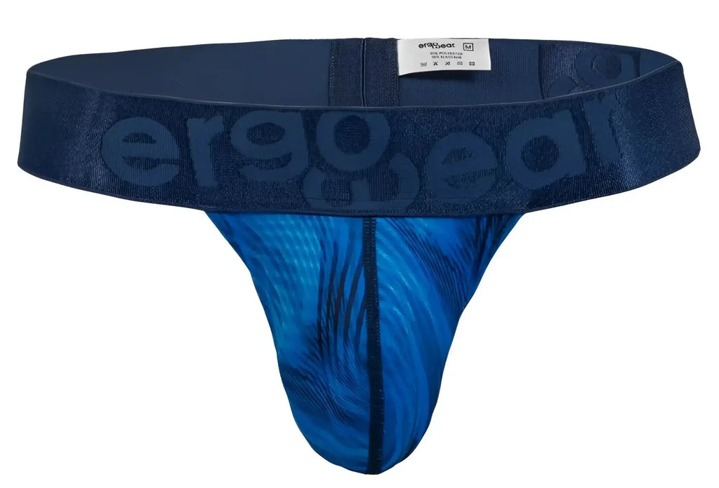 Navy blue ergonomic g-string with vibrant blue feather pattern and ergogear embossed waistband in mid blue color