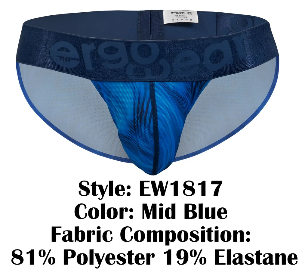 Mid blue ErgoWear EW1817 MAX BOLD SE ergonomic bikini brief with vibrant feather front and mesh side panels elastic waist