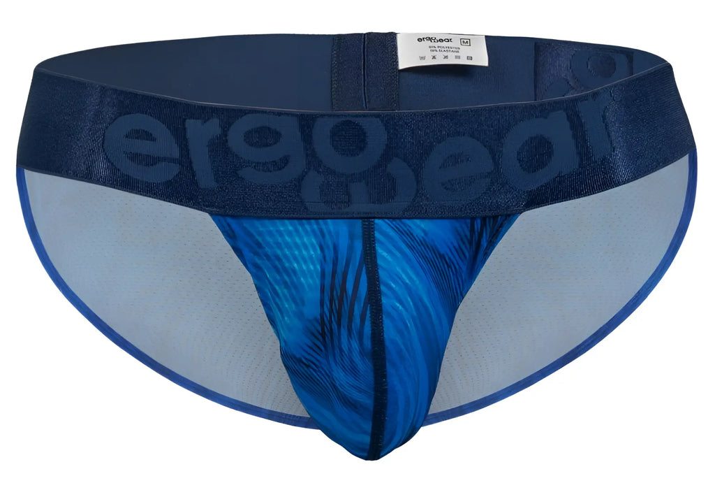 Blue patterned men’s briefs with dark blue ergo wear elastic waistband in mid blue for comfortable support