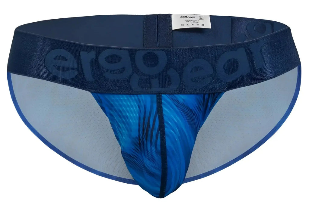 Blue patterned men’s briefs with dark blue ergo wear elastic waistband in mid blue for comfortable support