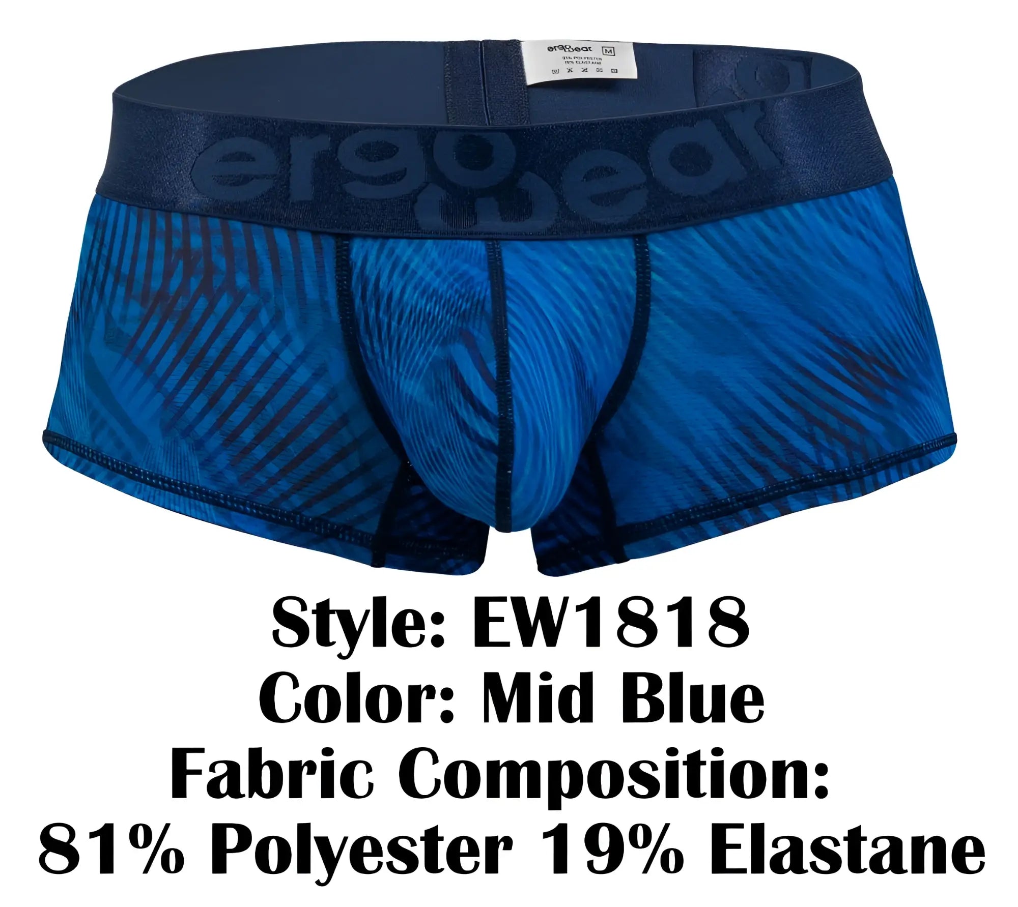 Mid blue ergo wear ew1818 max bold se trunks with textured fabric and elastic waistband featuring ergo wear logo