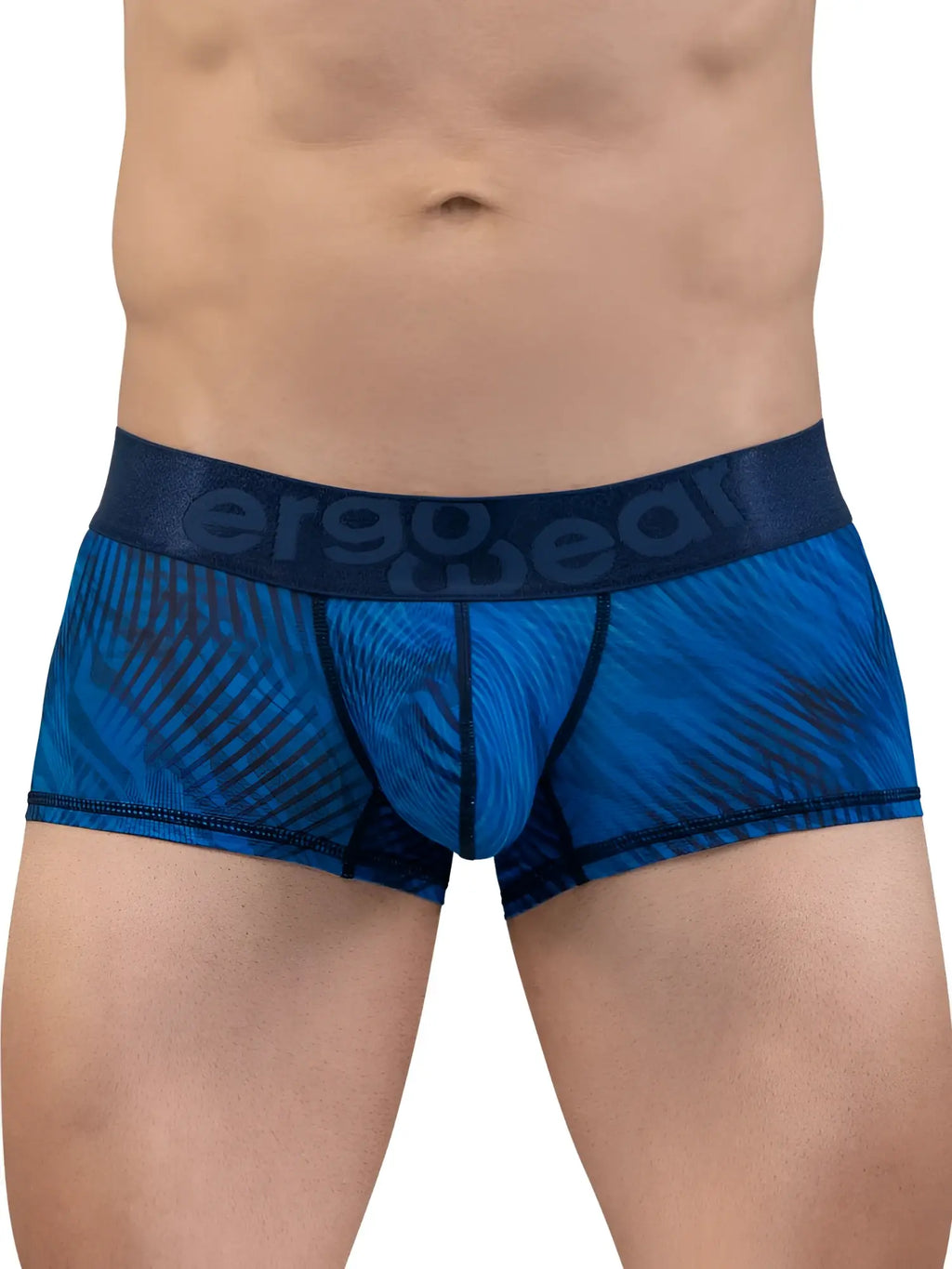 Blue patterned men’s boxer briefs with dark blue ergo gear logo waistband in ergo wear ew1818 max bold se trunks mid blue