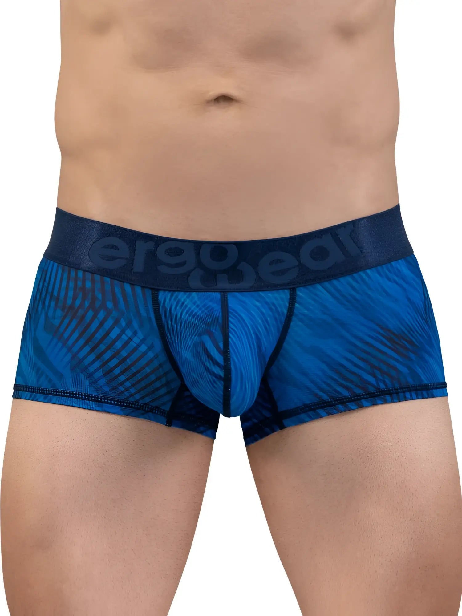Blue patterned men’s boxer briefs with dark blue ergo gear logo waistband in ergo wear ew1818 max bold se trunks mid blue
