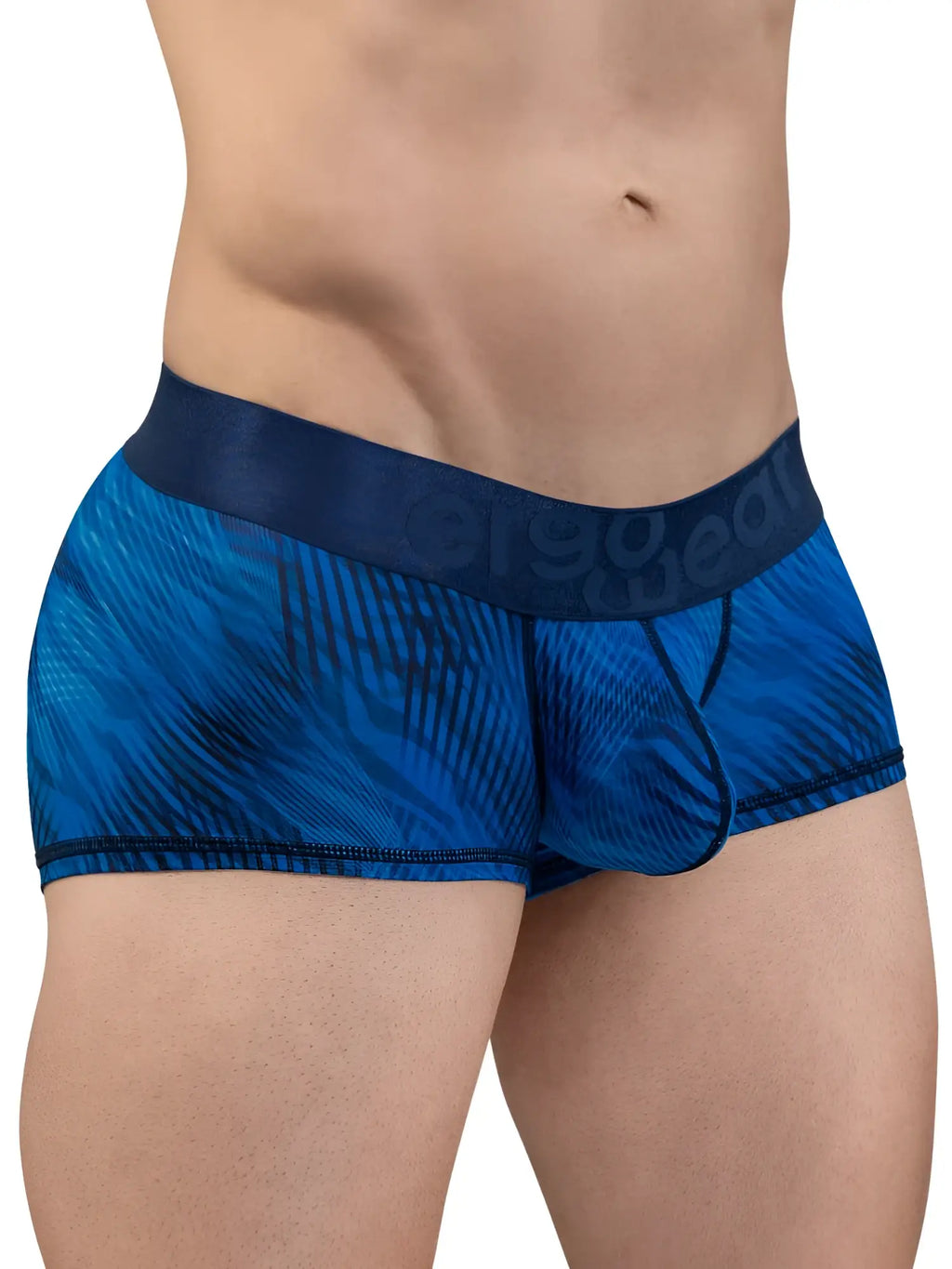 Blue tropical patterned mens briefs with dark blue elastic waistband ergoWear ew1818 max bold se trunks mid blue color
