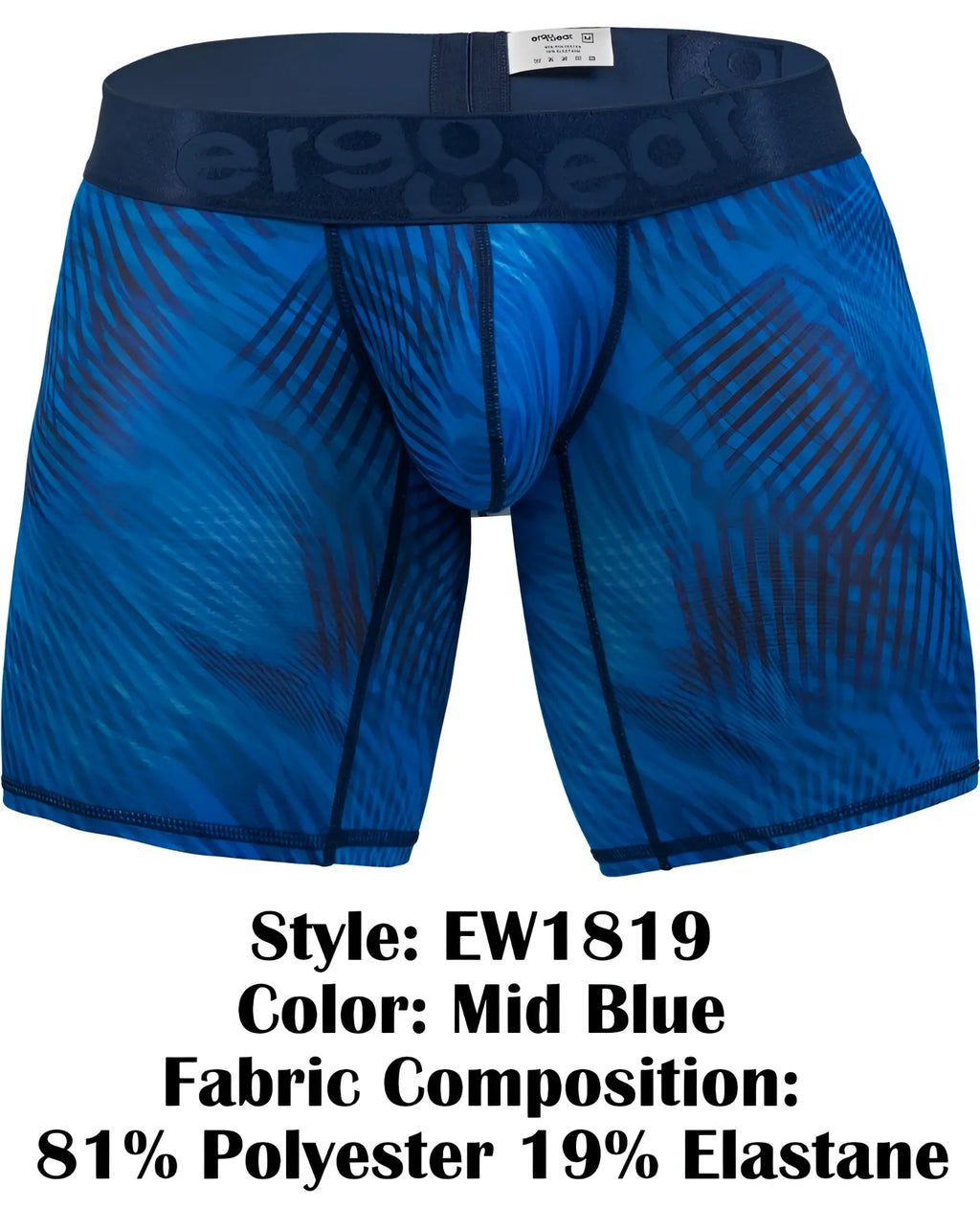 Mid blue men’s boxer briefs with dynamic geometric pattern and ergonomic fit by ergobed for everyday comfort