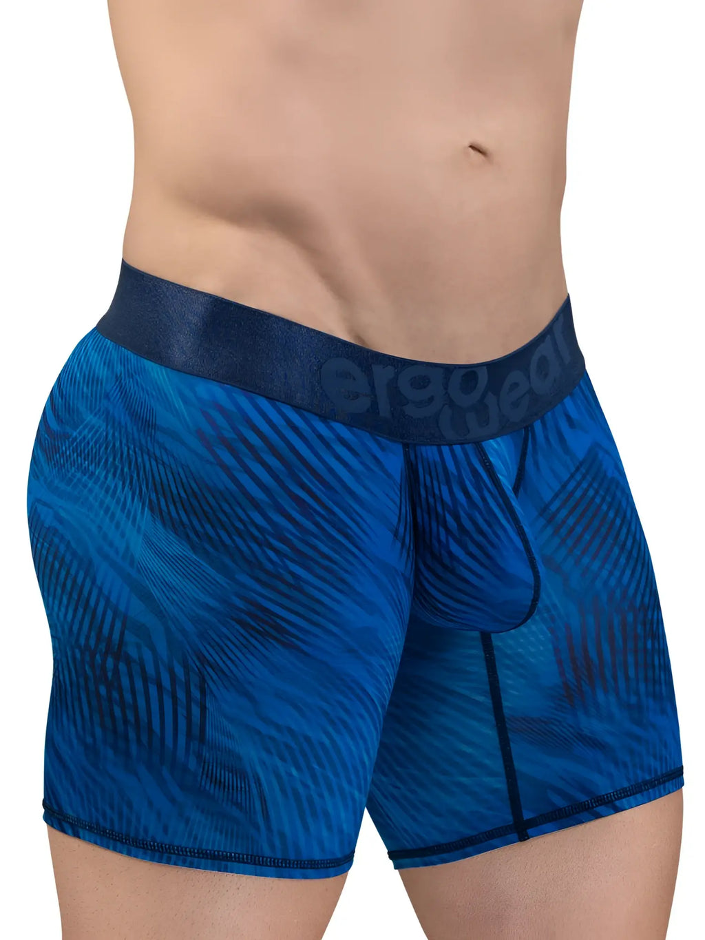 Blue patterned ergo wear ew1819 max bold se men’s boxer briefs with dark blue branded elastic waistband mid blue color