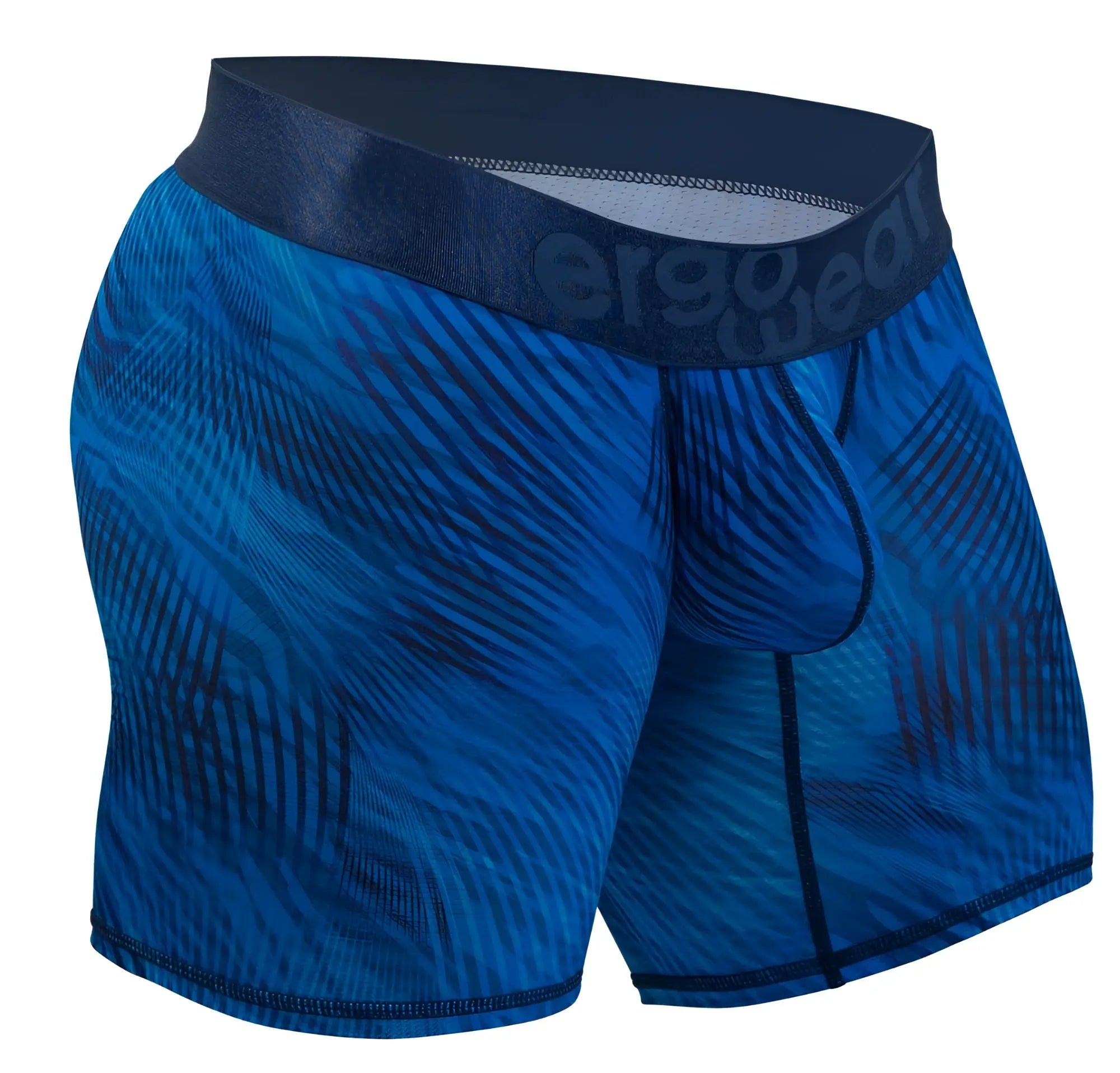 Blue patterned men’s boxer briefs with dark blue ergo wear waistband in mid blue color for comfortable wear