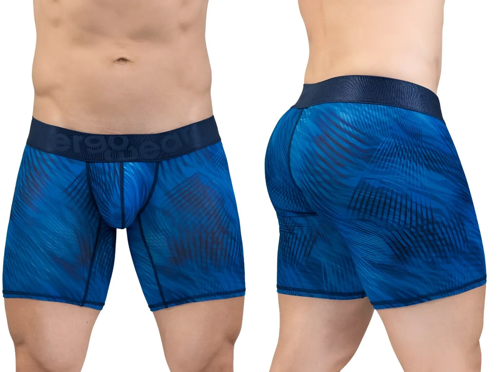 ErgoWear ew1819 max bold se boxer briefs in mid blue with blue patterns and dark blue elastic waistband