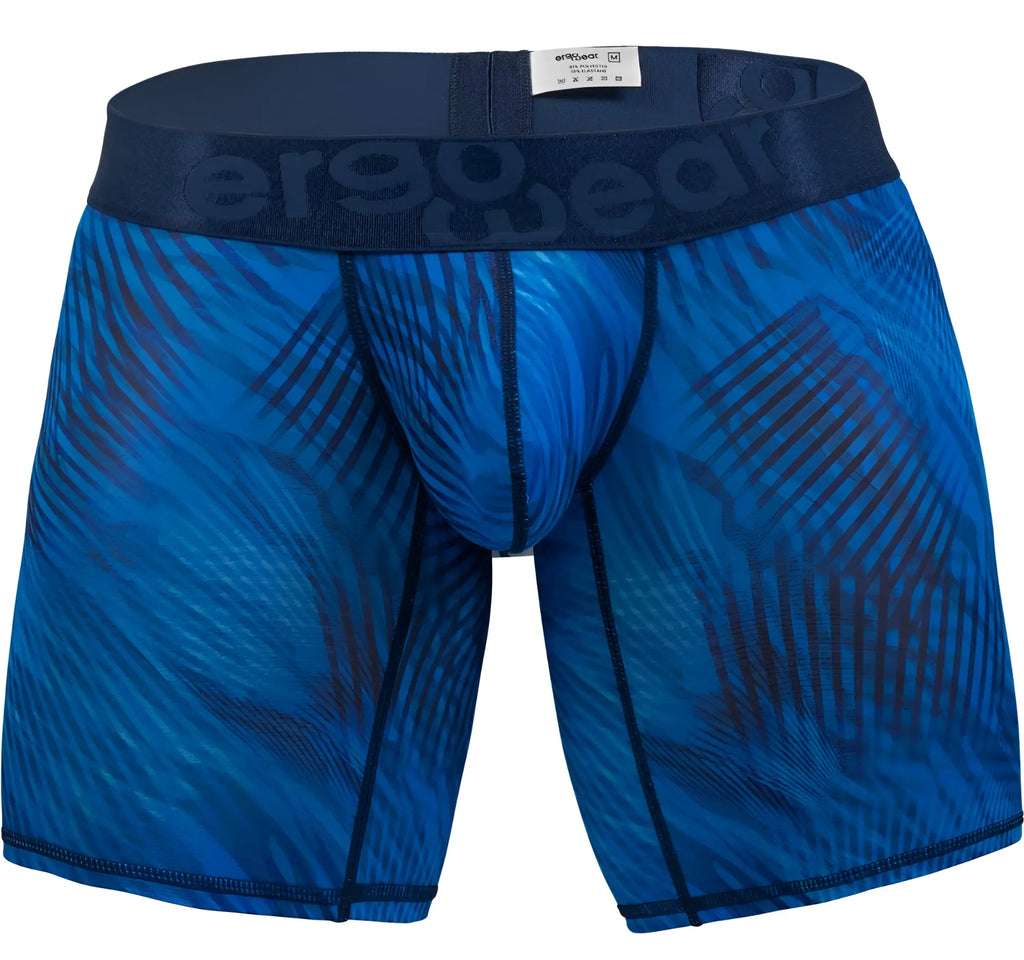 Blue patterned men’s boxer briefs with dark blue ergowear elastic waistband mid blue color ergonomic fit