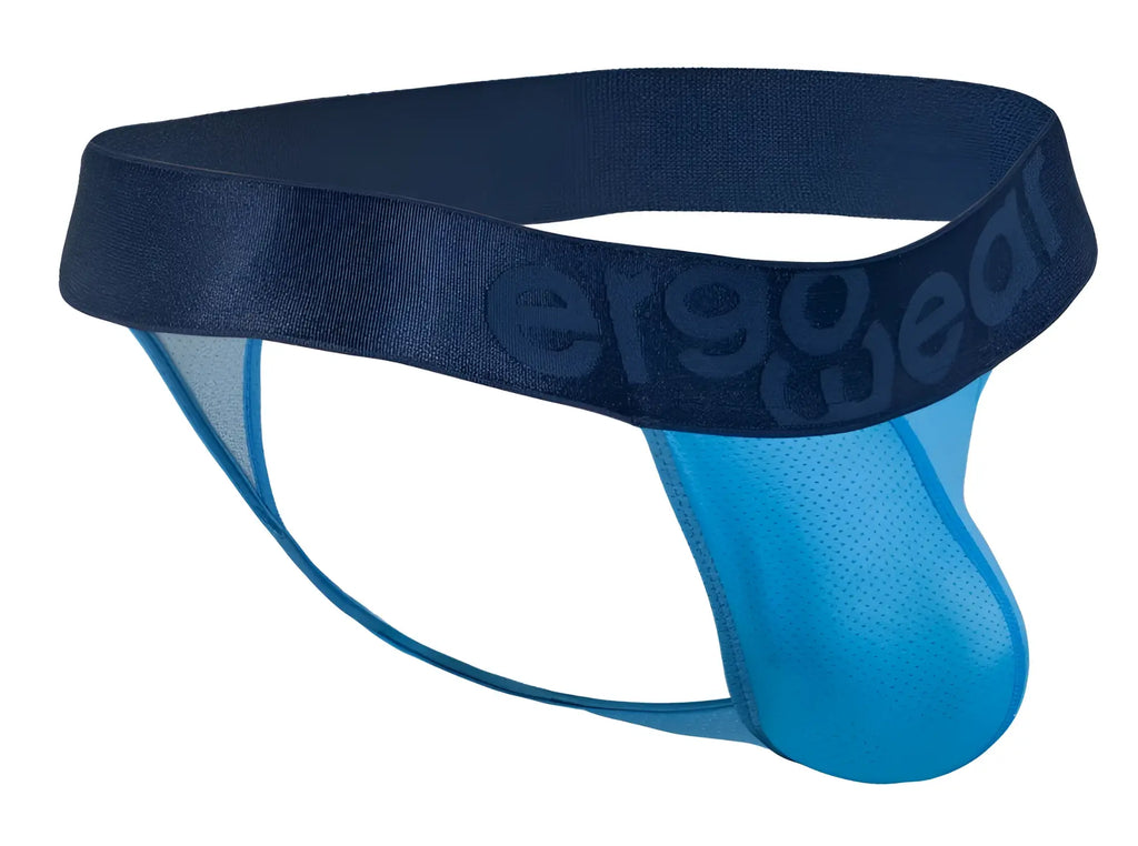 Navy blue and bright blue mesh athletic brief with ergo gear branding on waistband in river blue color