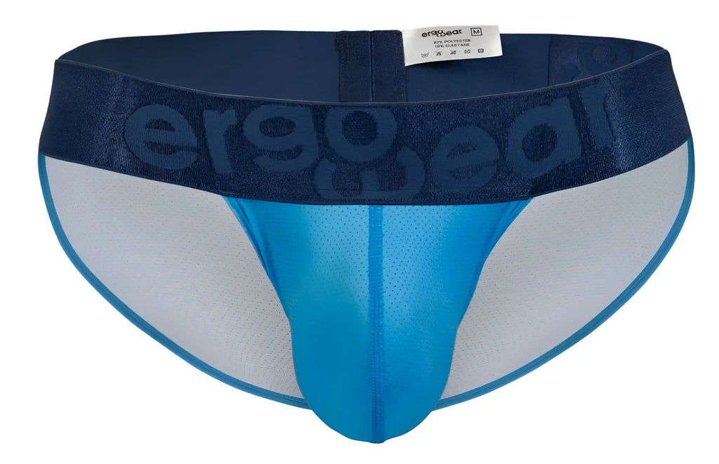 Blue and white ergoWear ew1821 max bold se bikini briefs with mesh design and ergogear logo on waistband front view