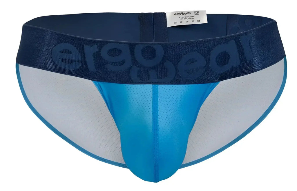 Blue and white ergoWear ew1821 max bold se bikini briefs with mesh design and ergogear logo on waistband front view