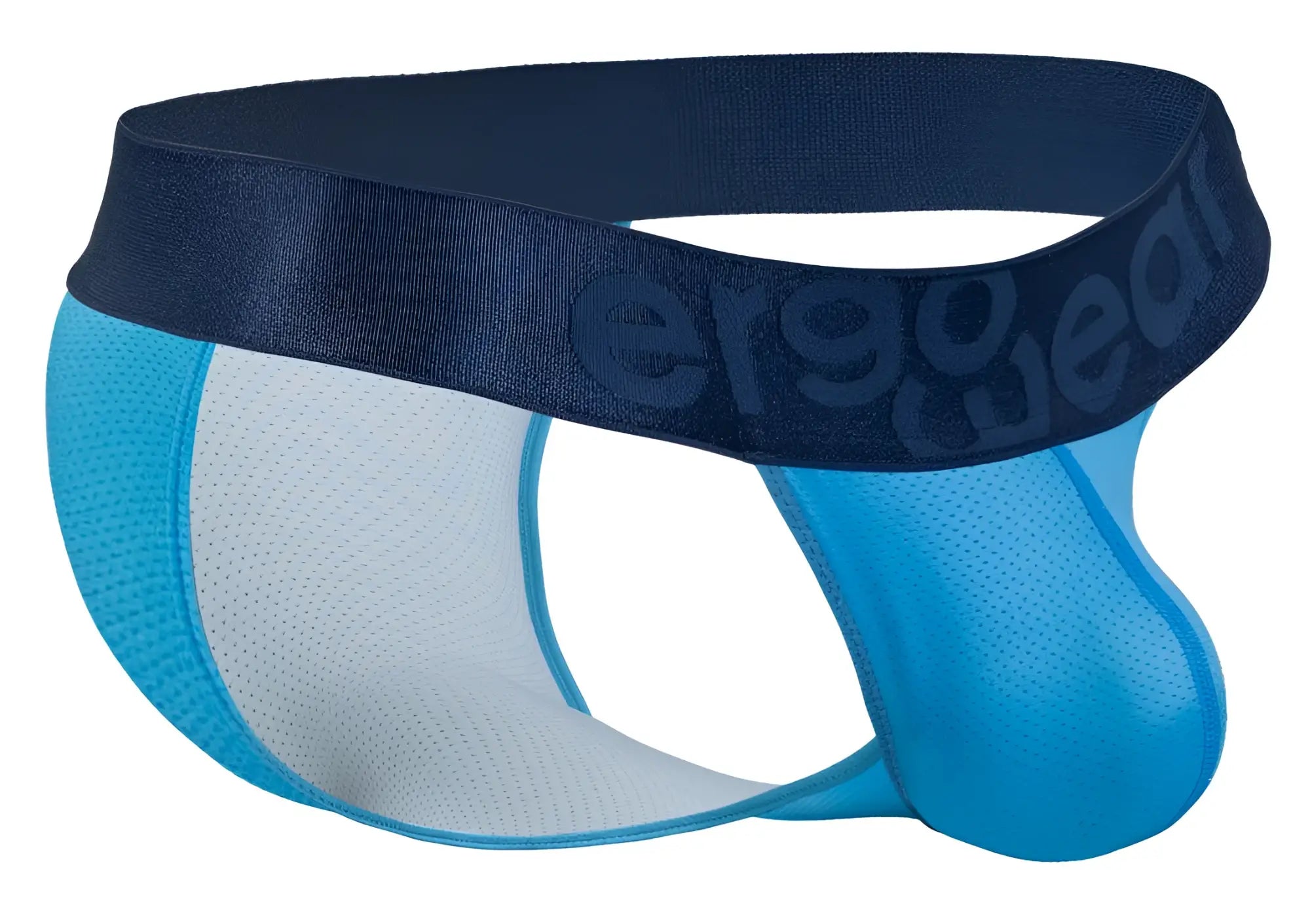 Blue and white mesh athletic briefs with navy ergo wear waistband in river blue for active wear
