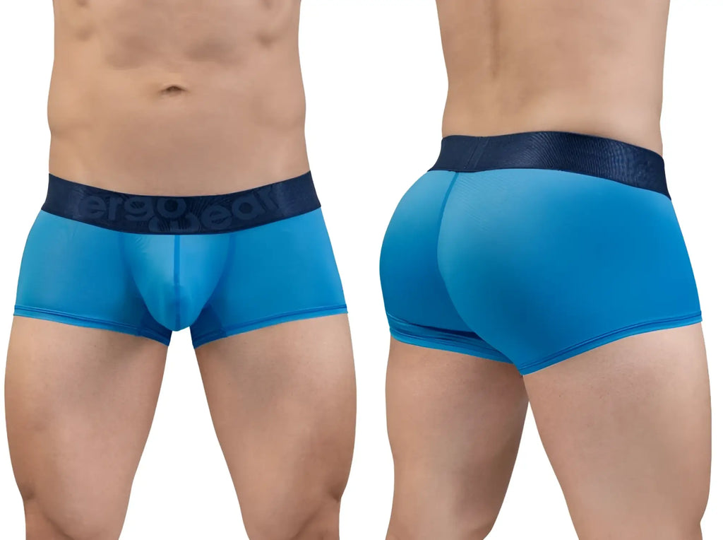 Blue mesh briefs with a dark blue ergodeal logo waistband from ergowear ew1822 max bold se trunks color river blue