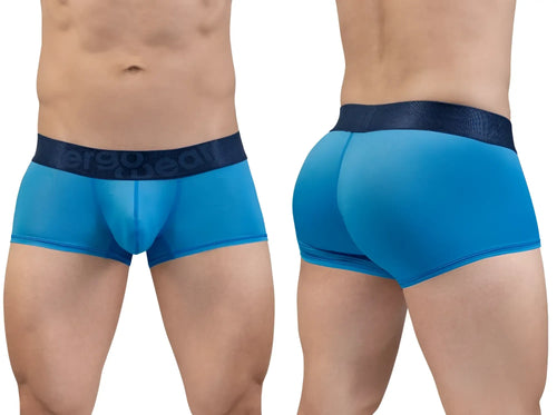 Blue mesh briefs with a dark blue ergodeal logo waistband from ergowear ew1822 max bold se trunks color river blue