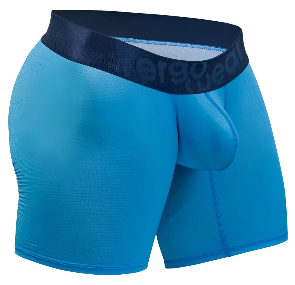 Bright blue ergonomic boxer briefs with a dark navy ergo wear waistband for comfortable daily wear