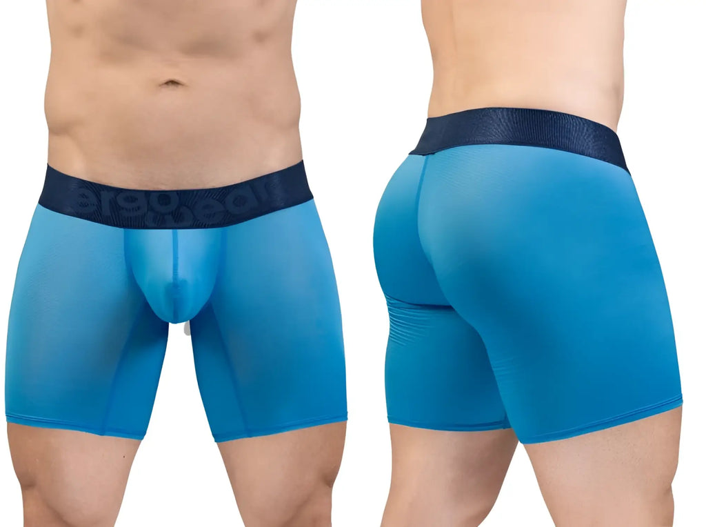 Blue ergonomic boxer briefs with a dark blue waistband featuring the ErgoWear brand name in river blue color