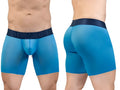 Blue ergonomic boxer briefs with a dark blue waistband featuring the ErgoWear brand name in river blue color