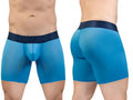 Blue ergonomic boxer briefs with a dark blue waistband featuring the ErgoWear brand name in river blue color
