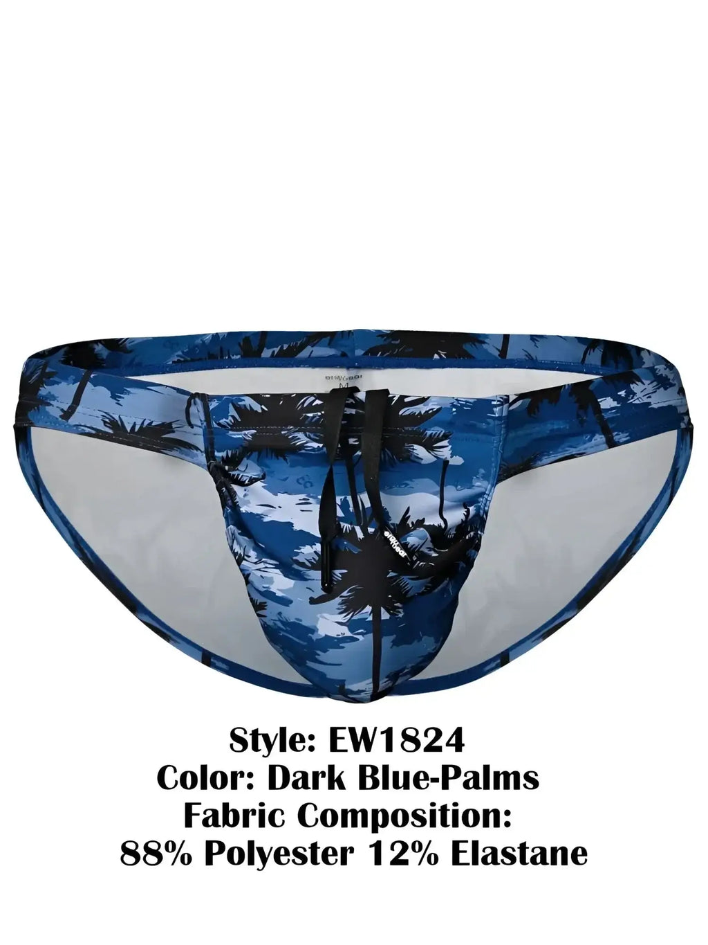 Front view of ErgoWear EW1824 FEEL SW swim bikini in Dark Blue-Palms pattern with drawstring.