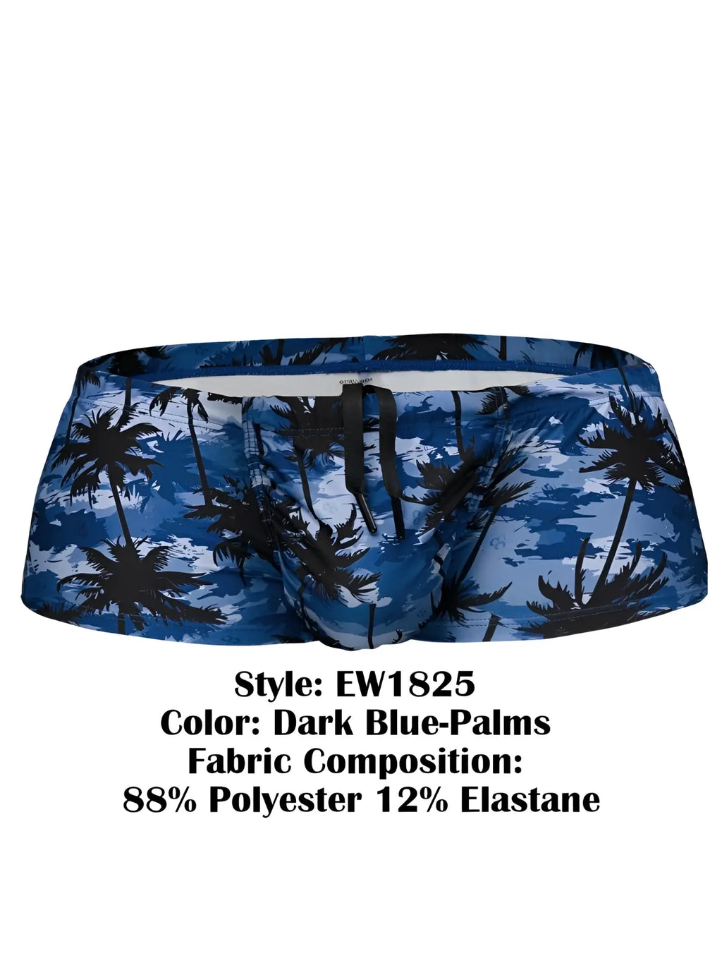 ErgoWear EW1825 FEEL SW swim trunks in Dark Blue-Palms, shown in a front view on a white background.