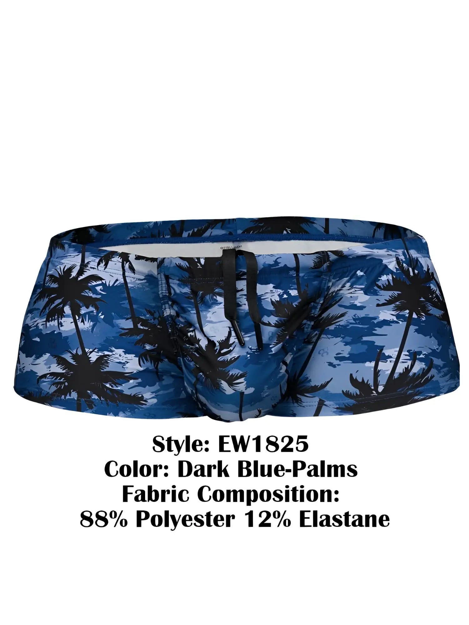 ErgoWear EW1825 FEEL SW swim trunks in Dark Blue-Palms, shown in a front view on a white background.