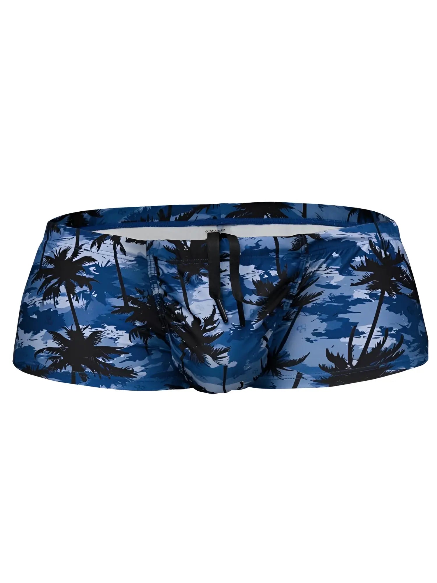 Front view of ErgoWear EW1825 FEEL SW swim trunks in Dark Blue-Palms with a black drawstring.