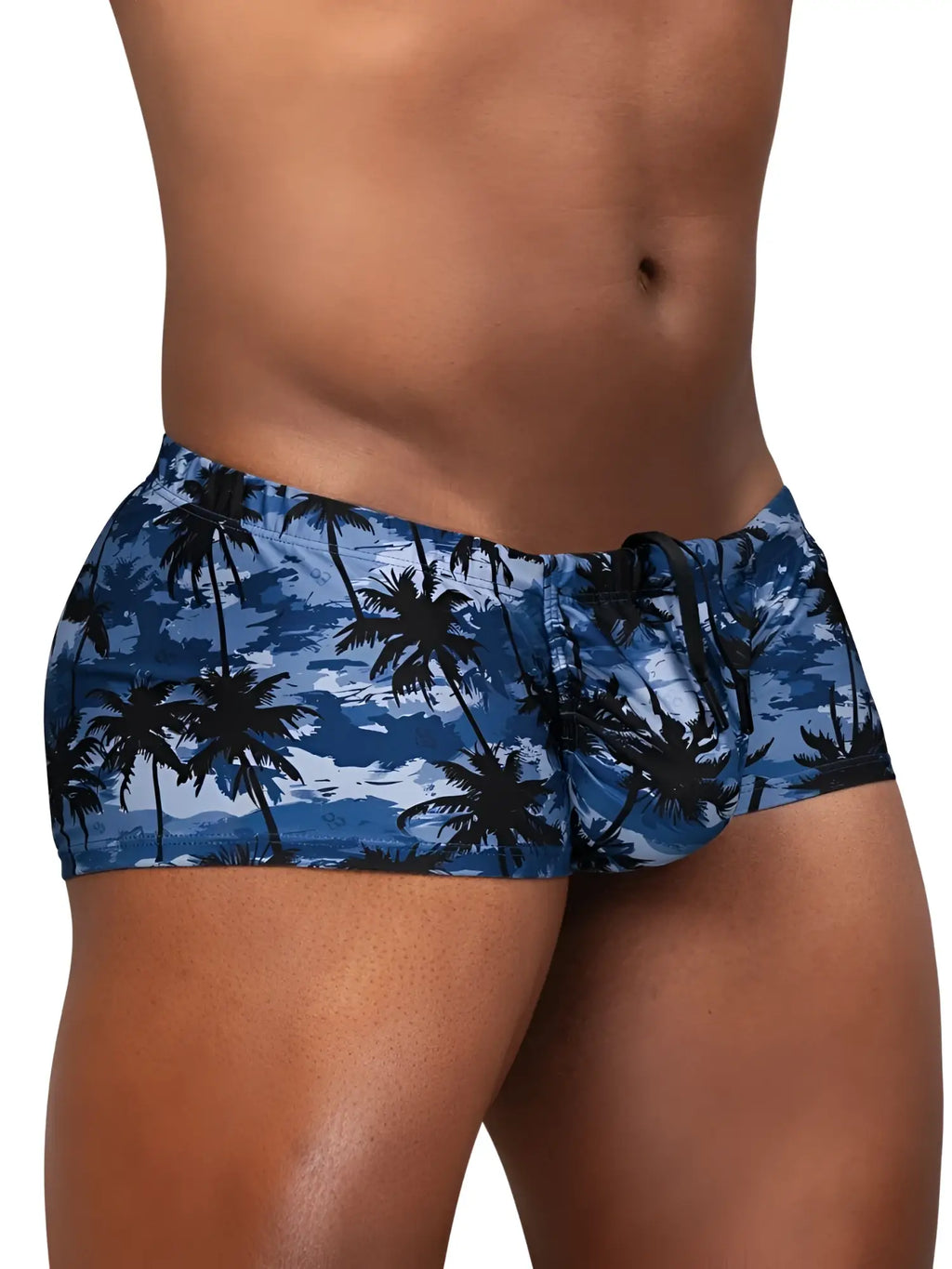 ErgoWear EW1825 FEEL SW Swim Trunks in Dark Blue-Palms, shown in a studio side view on a model.