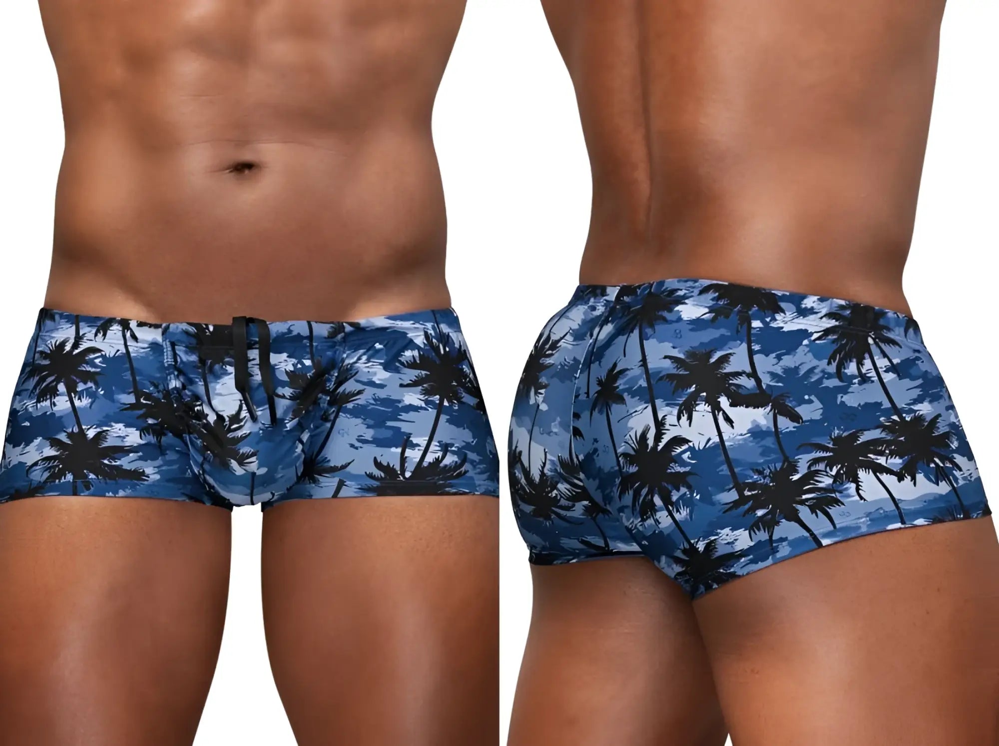 ErgoWear EW1825 FEEL SW swim trunks in Dark Blue-Palms, showing front and back views on a model.