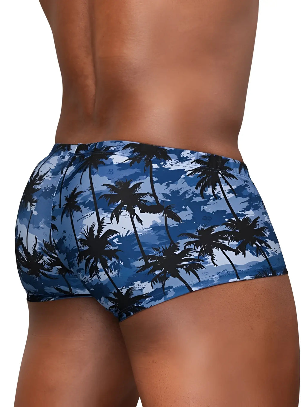 Back view of ErgoWear EW1825 FEEL SW swim trunks in Dark Blue-Palms featuring a tropical palm tree print.