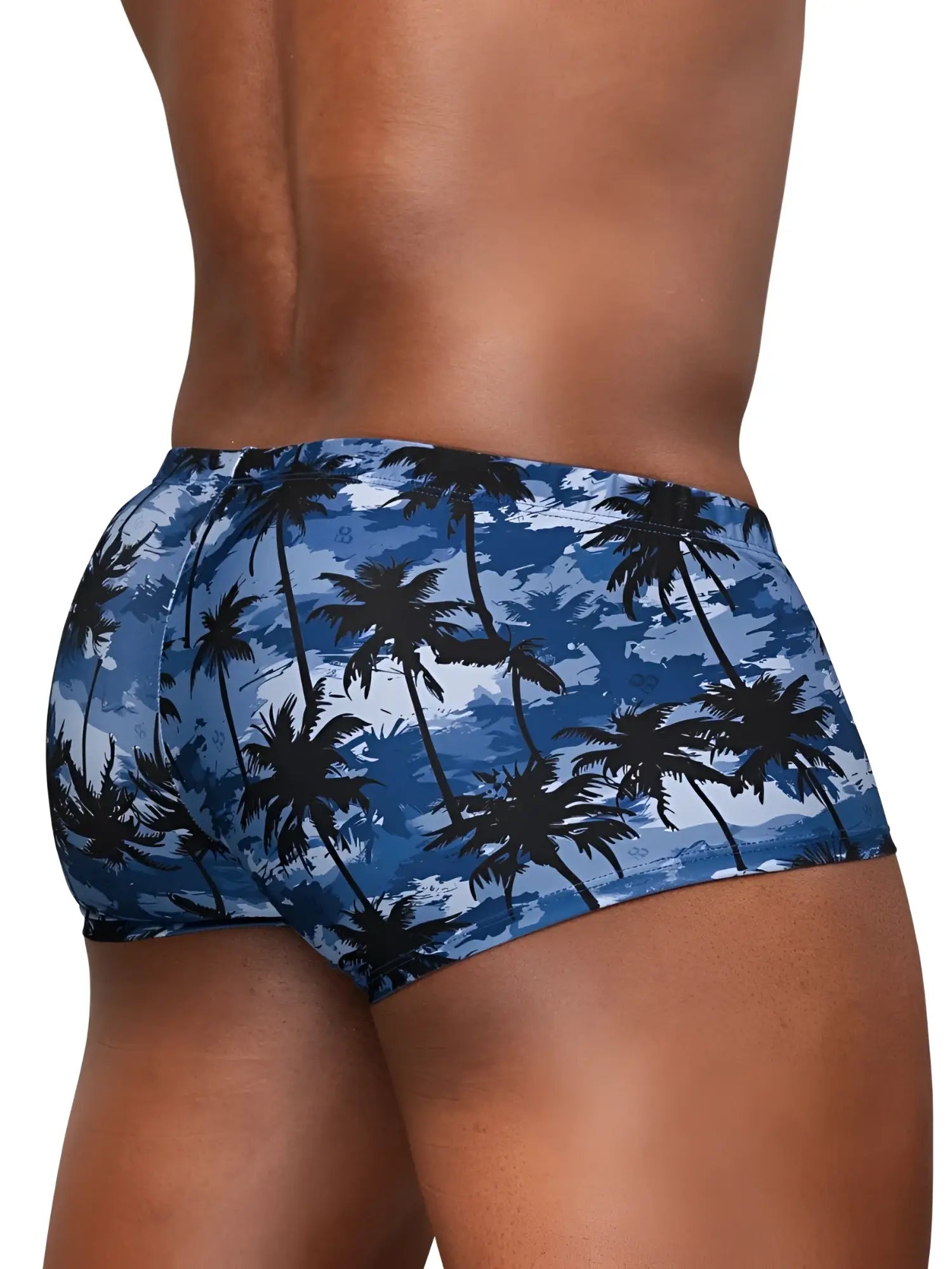 Back view of ErgoWear EW1825 FEEL SW swim trunks in Dark Blue-Palms featuring a tropical palm tree print.