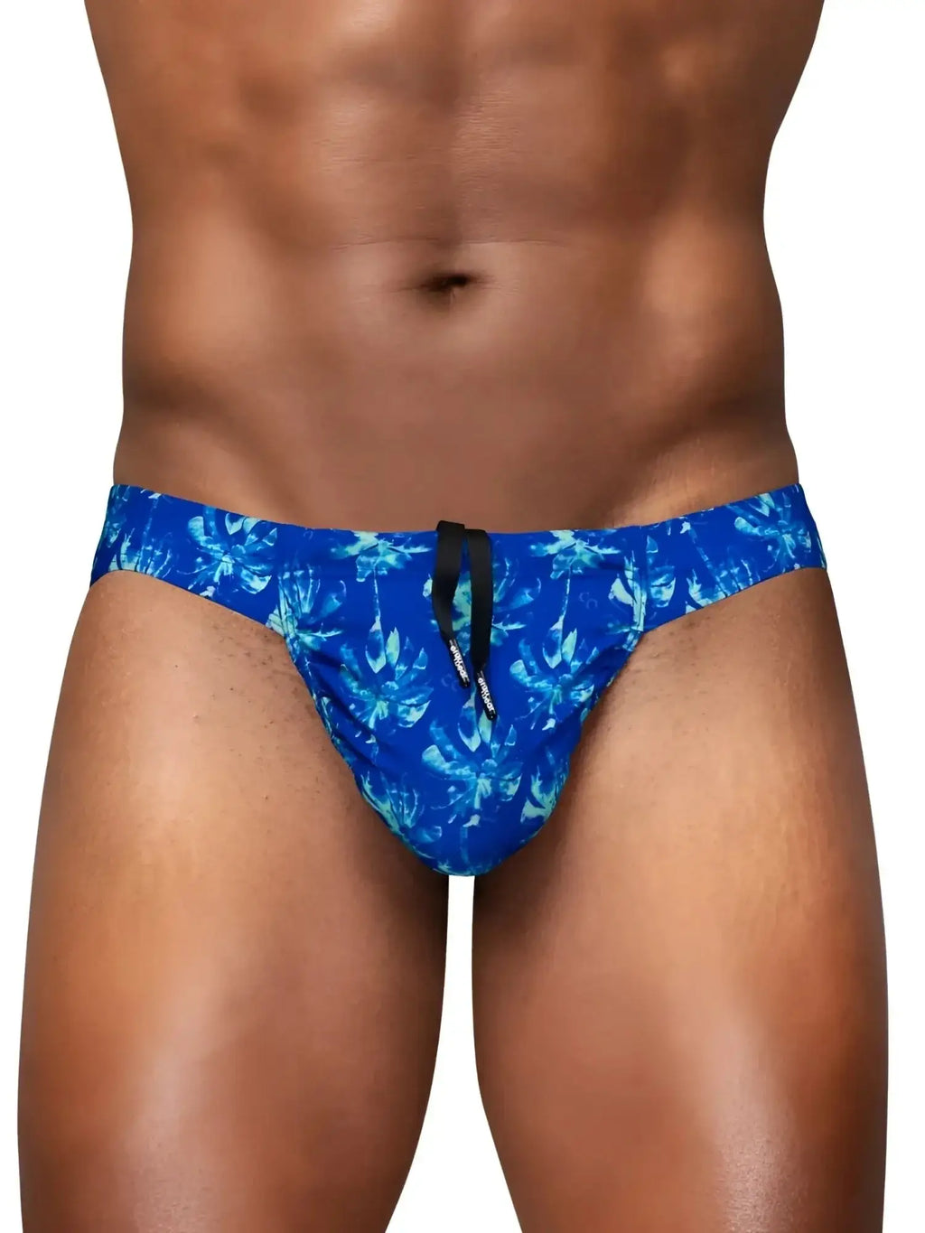 Front view of ErgoWear FEEL SW Swim Bikini in Royal Blue-Palms with a black drawstring on a model.