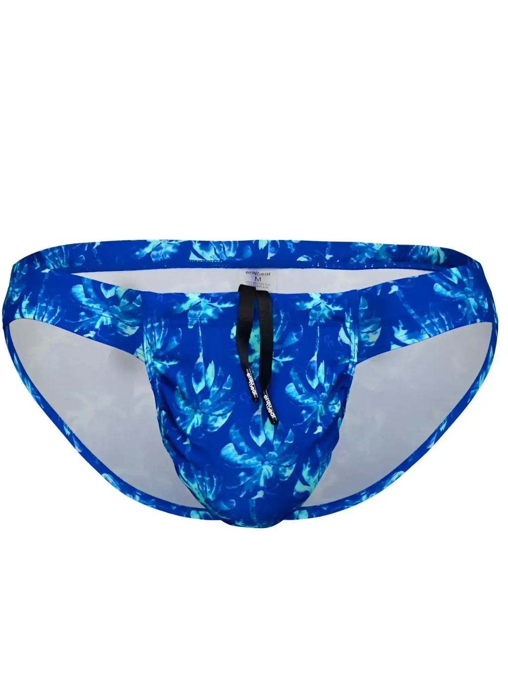 Front view of ErgoWear EW1826 FEEL SW Swim Bikini in Royal Blue-Palms print with a black drawstring.