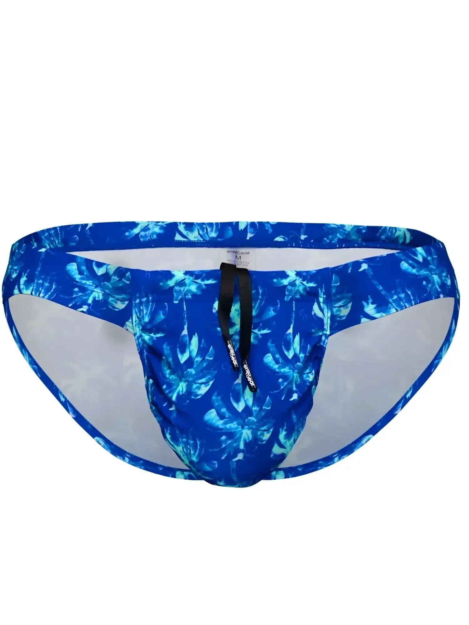 Front view of ErgoWear EW1826 FEEL SW Swim Bikini in Royal Blue-Palms print with a black drawstring.