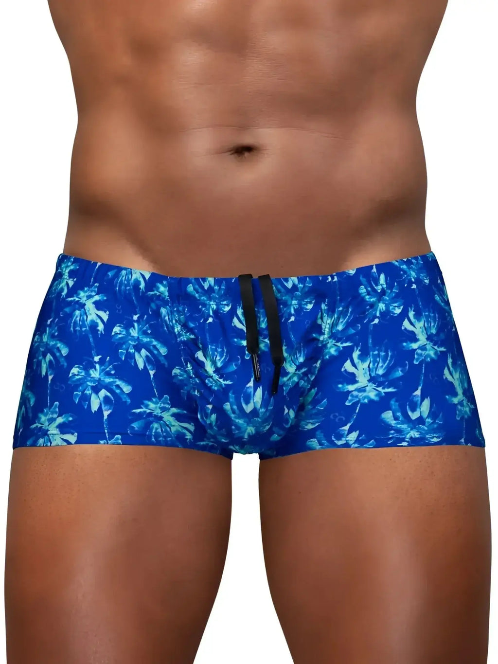 Front view of ErgoWear EW1827 FEEL SW swim trunks in Royal Blue-Palms worn by a model.