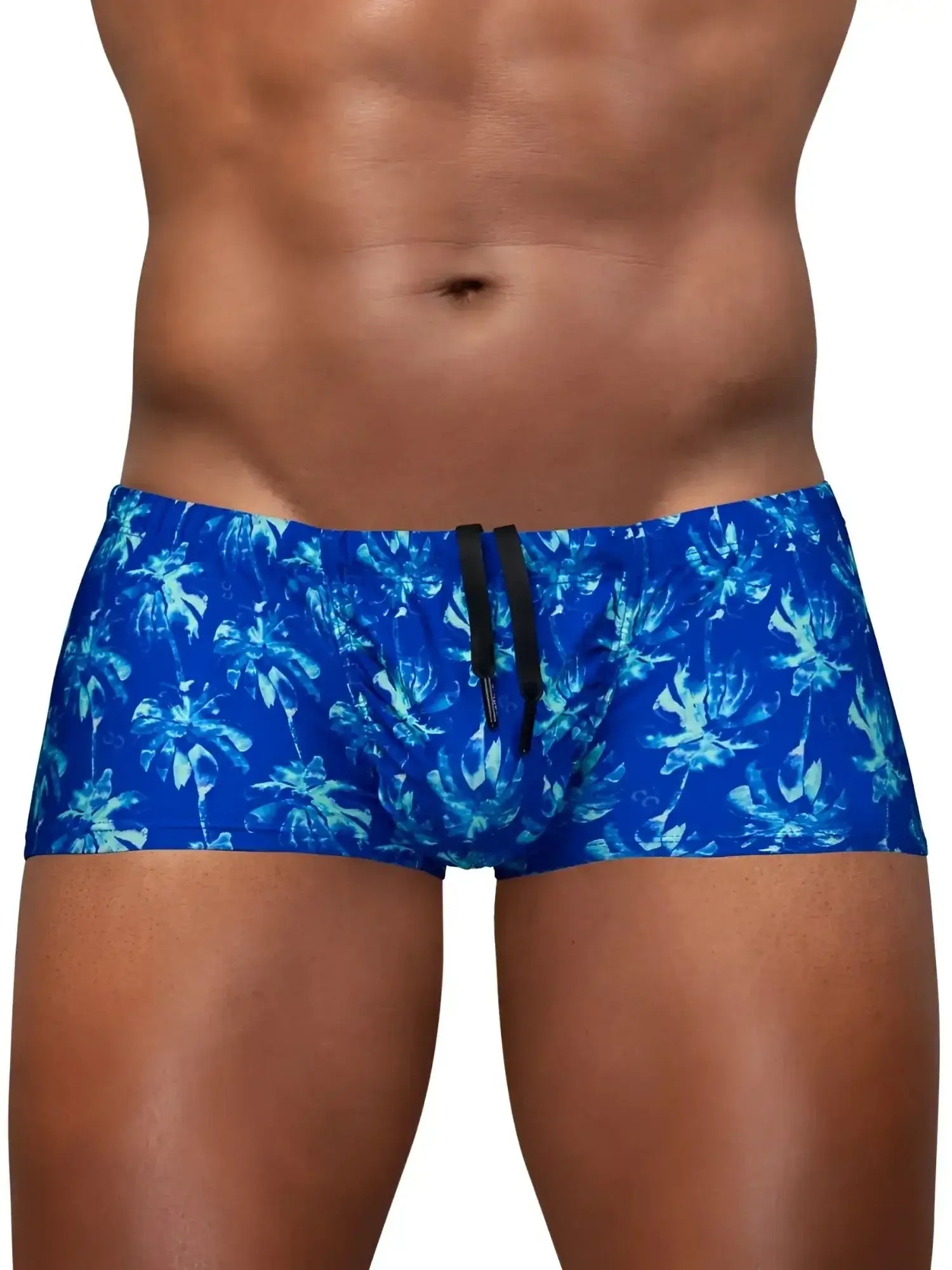Front view of ErgoWear EW1827 FEEL SW swim trunks in Royal Blue-Palms worn by a model.
