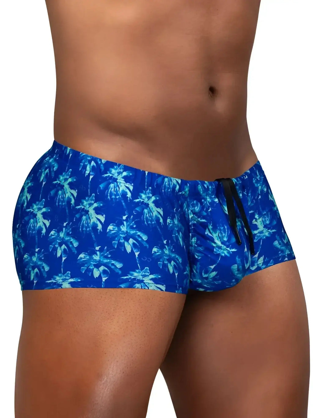 Side view of ErgoWear EW1827 FEEL SW swim trunks in Royal Blue-Palms worn by a model.