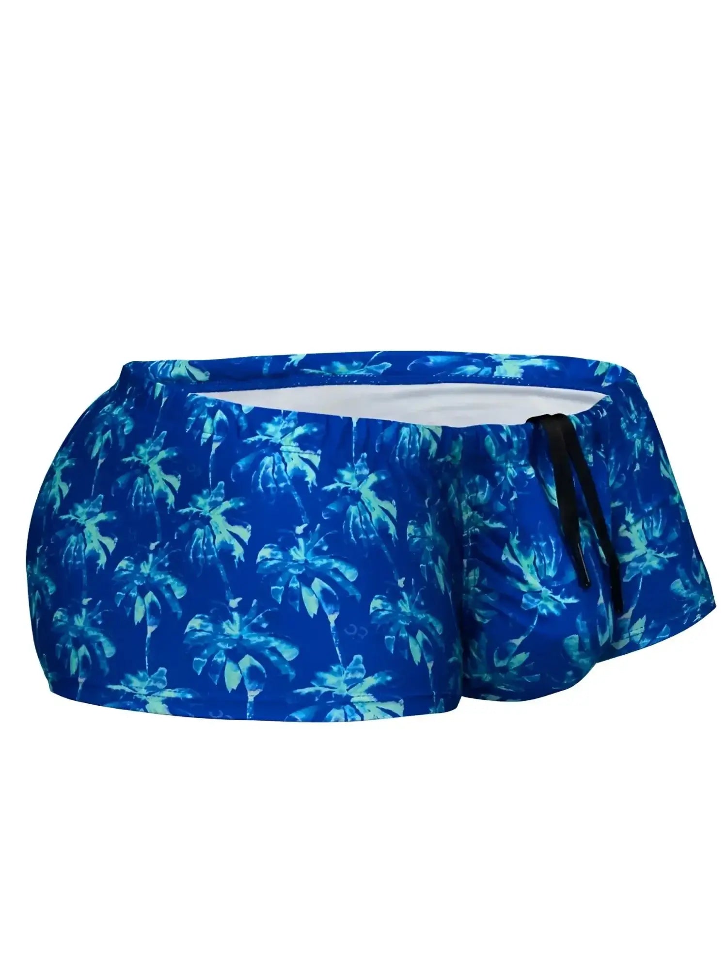 ErgoWear EW1827 FEEL SW swim trunks in Royal Blue-Palms, side-front view showing the print and drawstring.