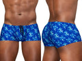 ErgoWear EW1827 FEEL SW swim trunks in Royal Blue-Palms, shown from front and back views on a model.