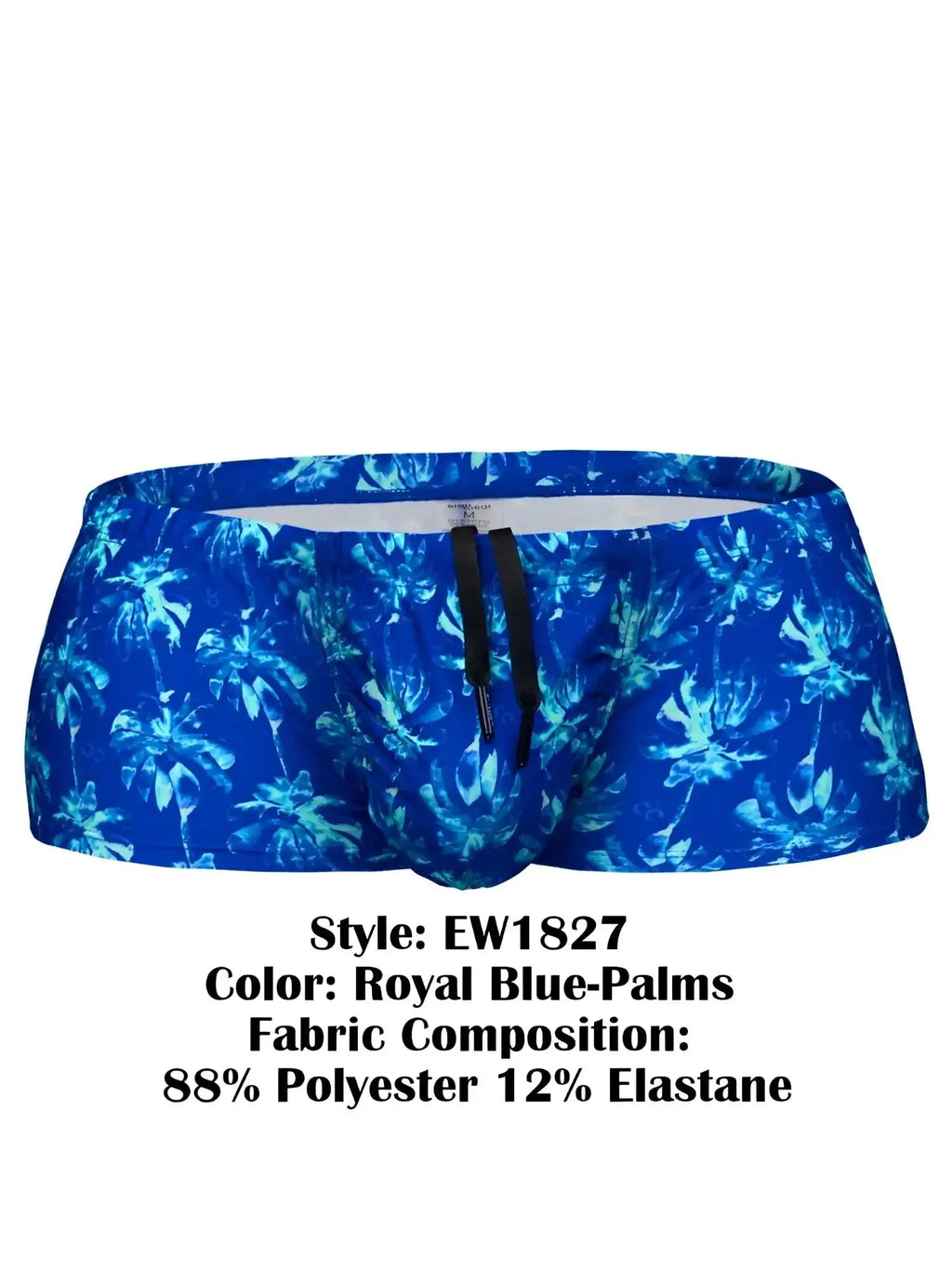 Front view of ErgoWear EW1827 FEEL SW swim trunks in Royal Blue-Palms pattern with a drawstring waist.