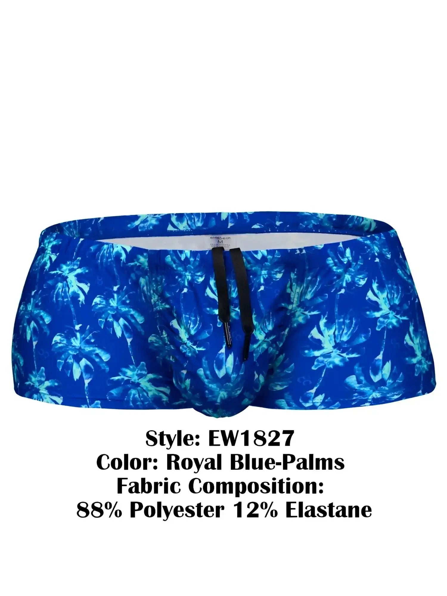 Front view of ErgoWear EW1827 FEEL SW swim trunks in Royal Blue-Palms pattern with a drawstring waist.