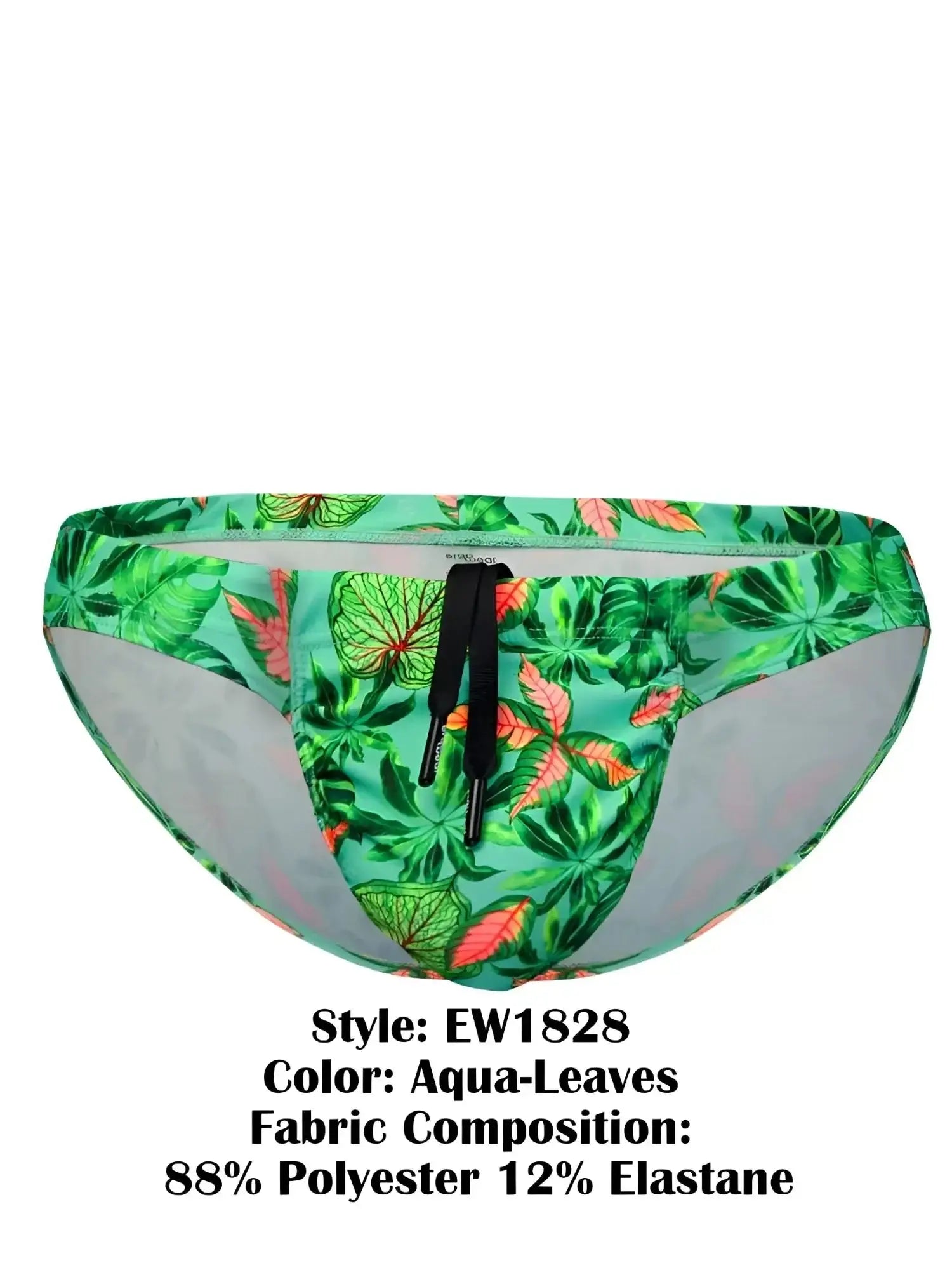 Front view of ErgoWear EW1828 FEEL SW Swim Bikini in Aqua-Leaves print with black drawstring.