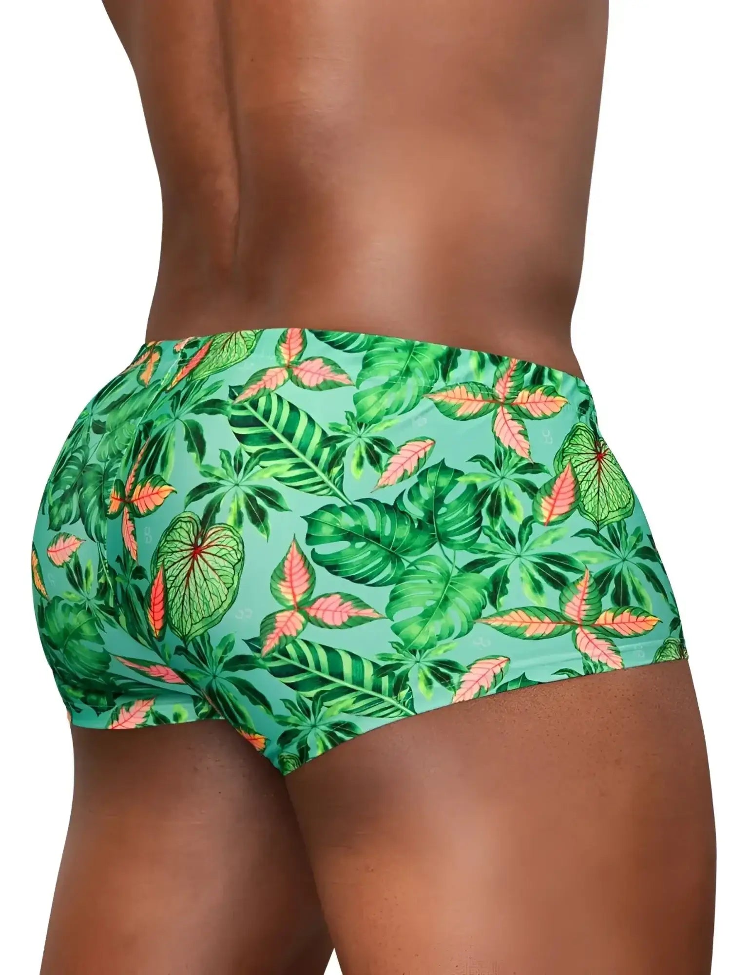 ErgoWear EW1829 FEEL SW swim trunks in Aqua-Leaves; rear view showing the leaf print pattern.