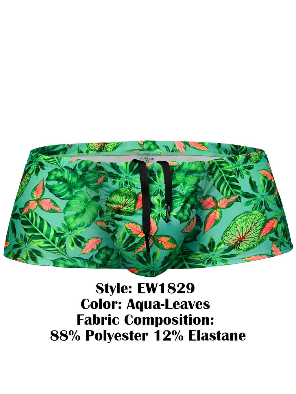 Front view of ErgoWear EW1829 FEEL SW swim trunks in Aqua-Leaves print.