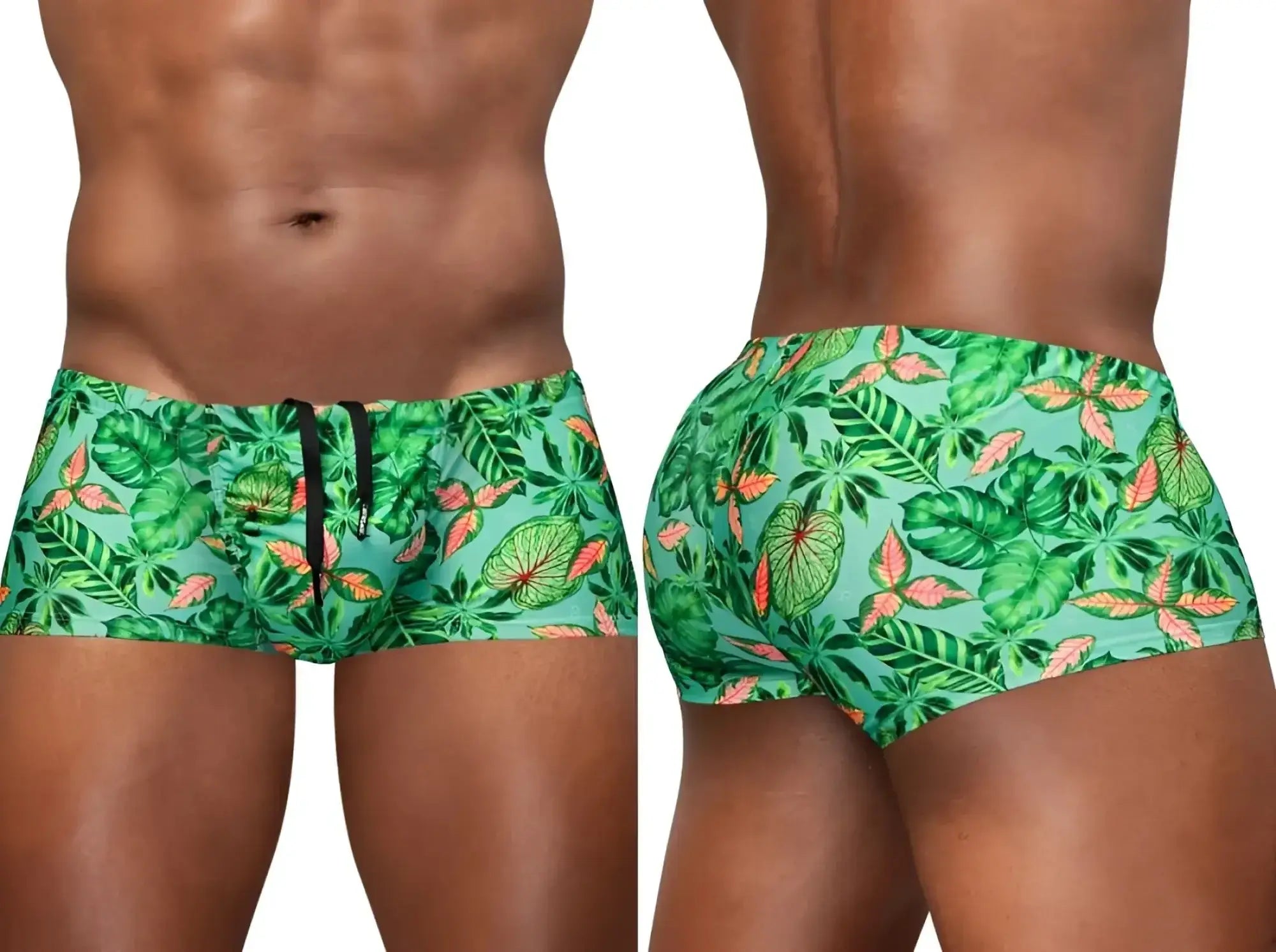 ErgoWear EW1829 FEEL SW Swim Trunks in Aqua-Leaves, showing front and back views on a model.