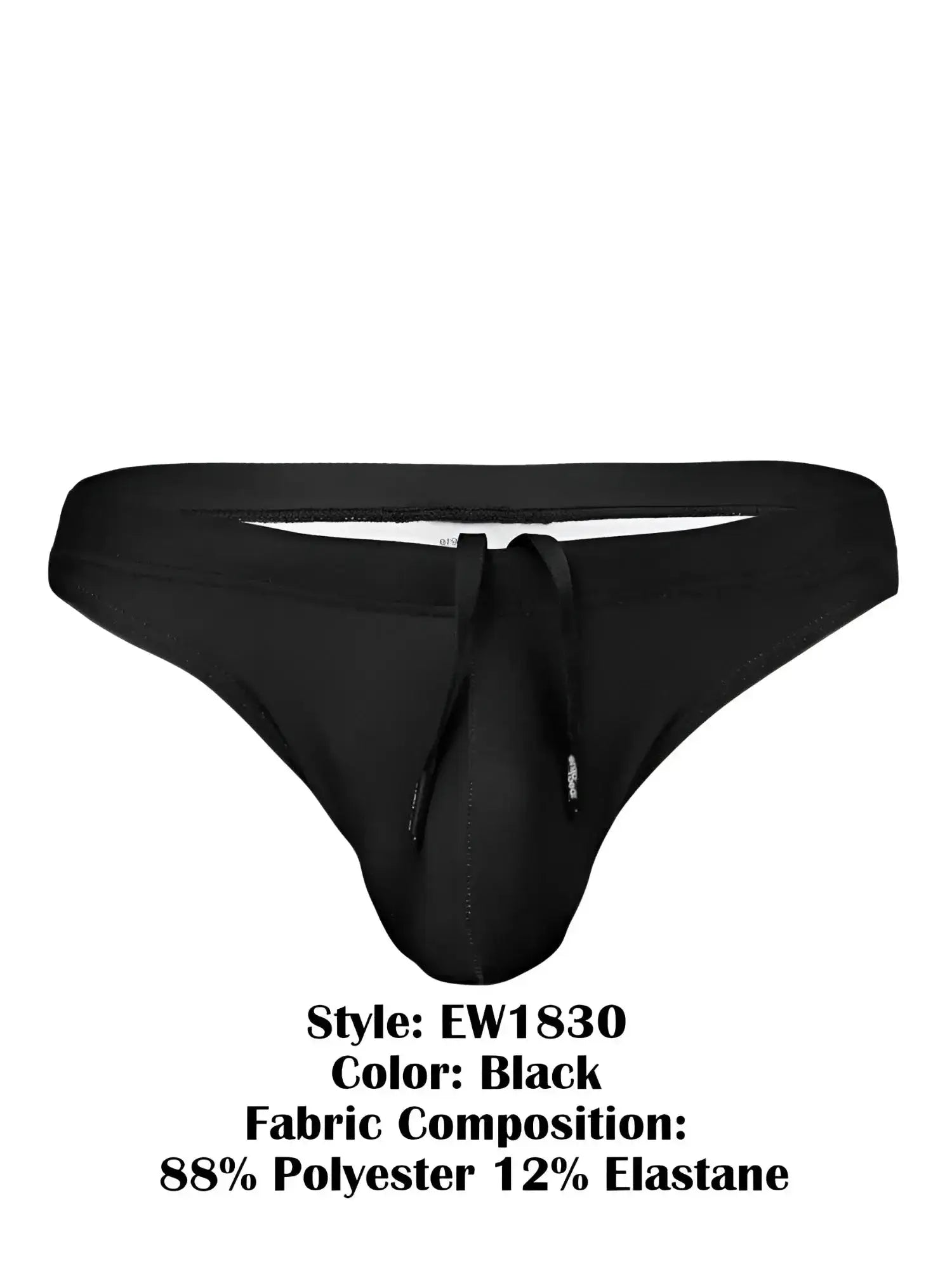 Front view of the ErgoWear EW1830 X4D SW black swim thong with drawstring.
