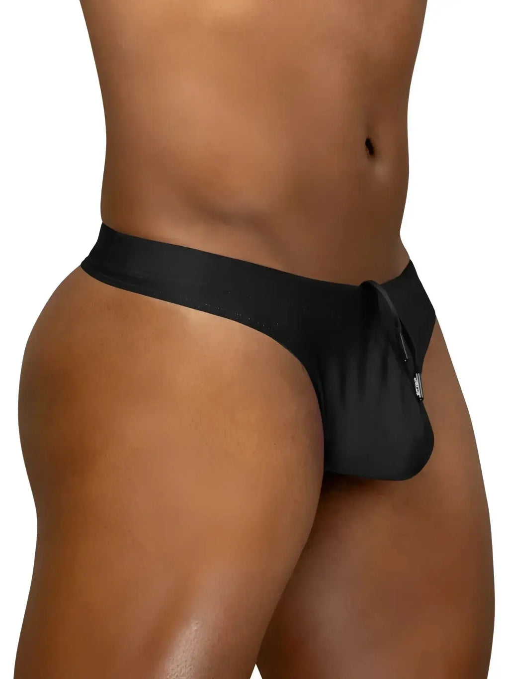 Side view of the black ErgoWear EW1830 X4D SW swim thong on a model.